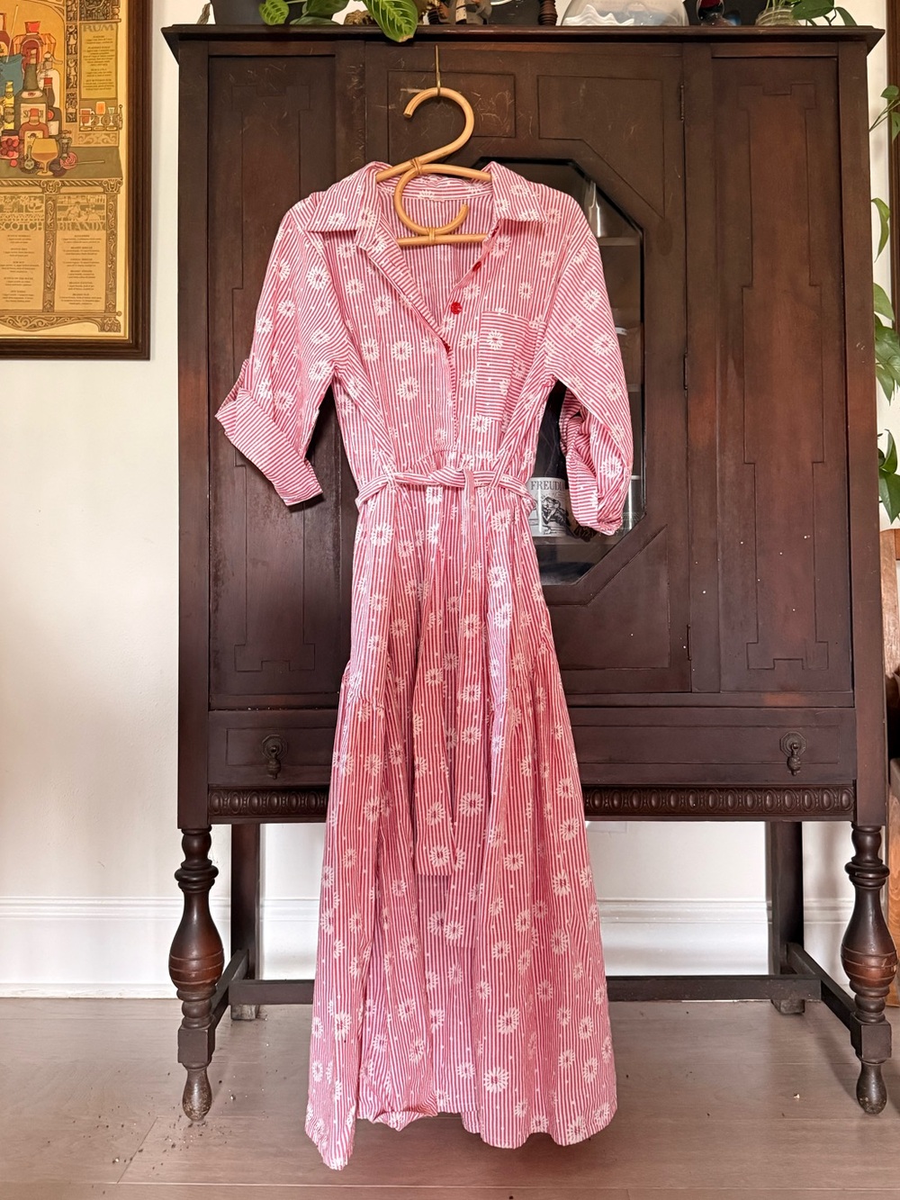 Red & White Striped Embroidered Cotton Maxi Shirt Dress — M/L